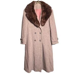 Vintage 70s Size Medium Brown Fur Collar Gray Wool Trench Coat Classic City